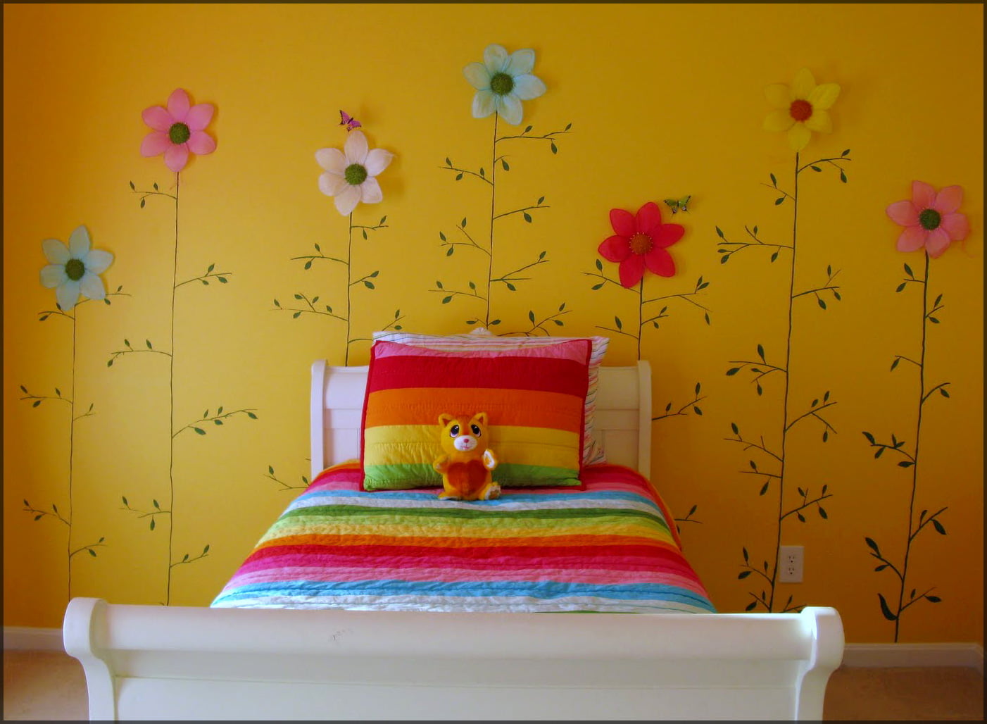 interior-beautiful-orange-wallpaper-scheme-color-with-decorative-emroidered-flower-decor-and-rainbow-theme-bed-sheet-best-choices-color-schemes-for-girls-bedrooms
