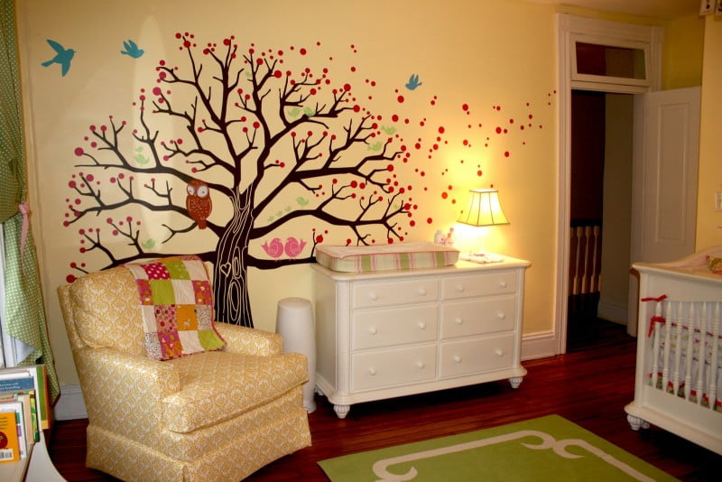 baby-nursery-attractive-boy-baby-nursery-room-design-ideas-with-blossom-tree-wall-sticker-including-white-wood-baby-box-and-orange-patterned-armchair-in-bedroom-delightful-boy-baby-nurse