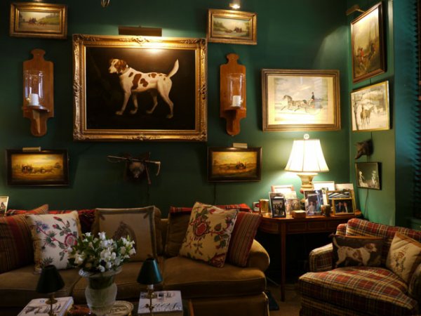horse-dog-framed-prints-wall-gallery-green-painted-walls-decor-plaid-chair-decorating-traditional-home-room-ideas