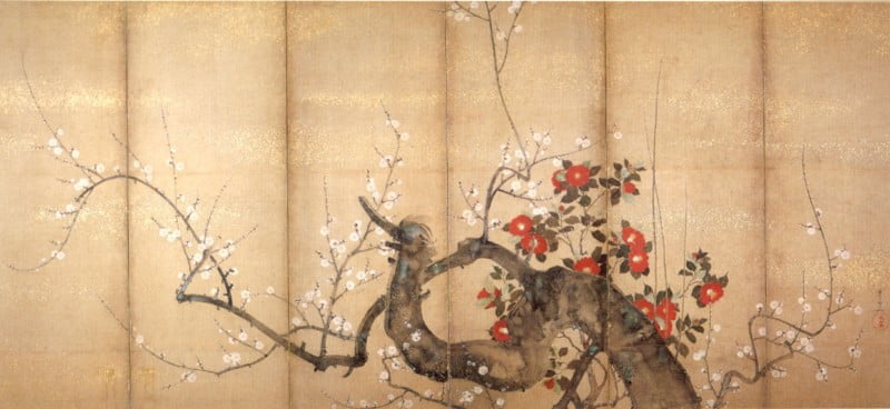 'Flowering_Plum_and_Camellia',_six-fold_screen_by_Suzuki_Kiitsu,_c._1850s,_ink_and_color_on_paper,_Japanese,_Honolulu_Academy_of_Arts