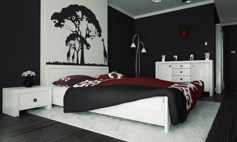 bedroom-fabulous-black-and-white-bedroom-design-idea-with-black-blanket-with-red-accent-white-furniture-and-black-wall-exciting-black-and-white-bedroom-design-ideas