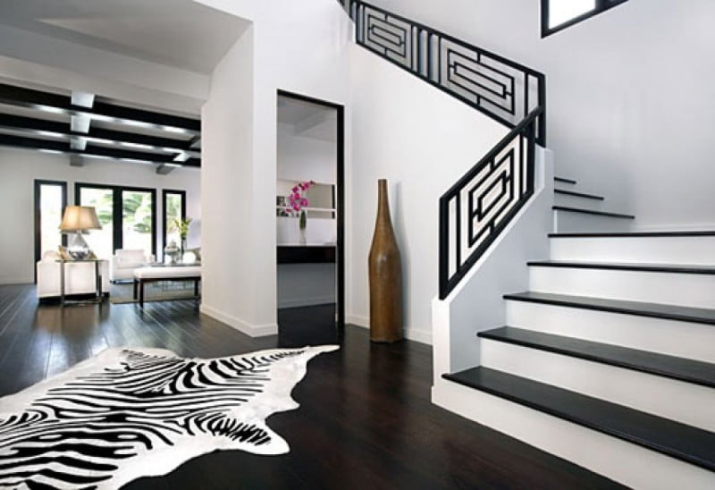 interior-wonderful-white-nuance-lounge-with-black-patterned-stair-baluster-and-unique-fake-zebra-leather-carpet-in-classy-wooden-floor-35-elegant-black-and-white-room-interior-designs-for-your-