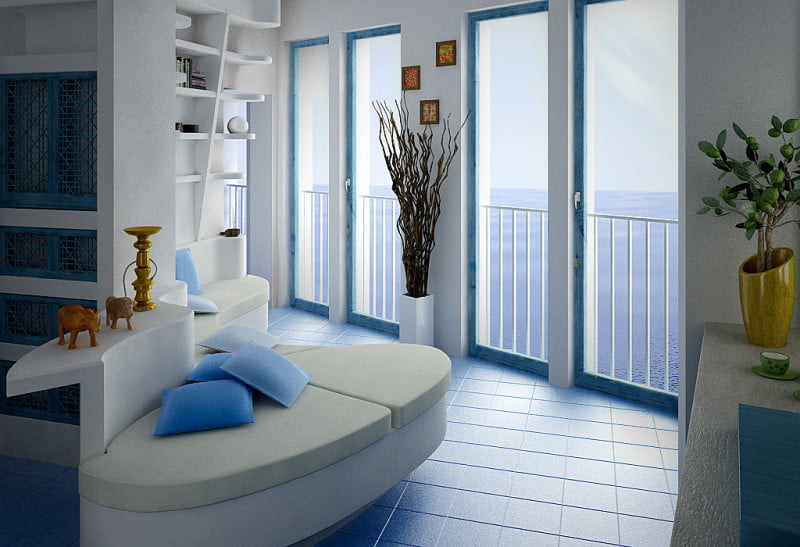 Artistic-Interior-Design-Family-Room-White-Blue-Color