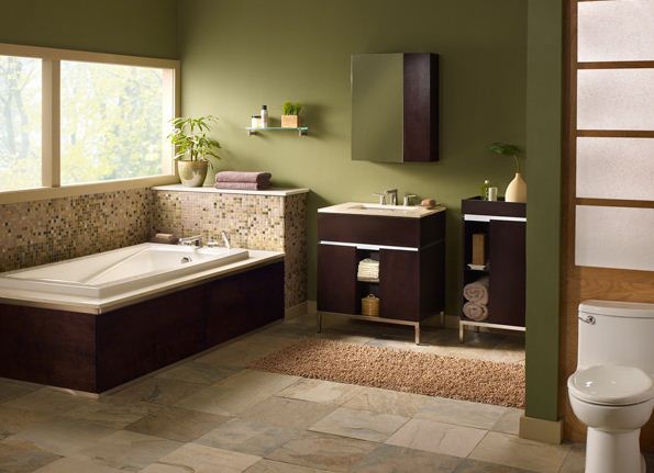 Fresh-Green-Bathroom-Designs-With-plain-green-paint-and-dark-brown-cabinets-and-furniture