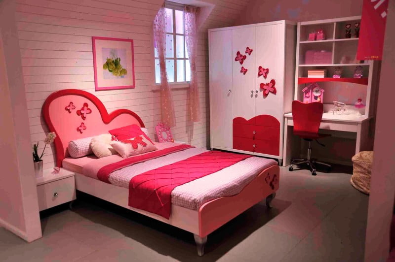 bedroom-interior-popular-pink-headboard-single-bed-in-tiny-girls-bedroom-design-ideas-with-bright-colors-furnitures-color-as-well-as-great-pink-portray-frames-as-beautiful-bedroom-wall-decor-in
