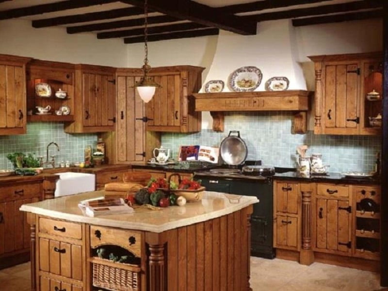 furniture-kitchen-decoration-amazing-country-kitchen-decor-with-hardwood-cabinet-and-island-also-blue-backsplash-tile-and-granite-countertop-fresh-look-of-country-kitchen-decor-ideas