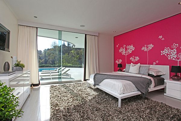 modern-bedroom-with-pink-wall-and-white-trees