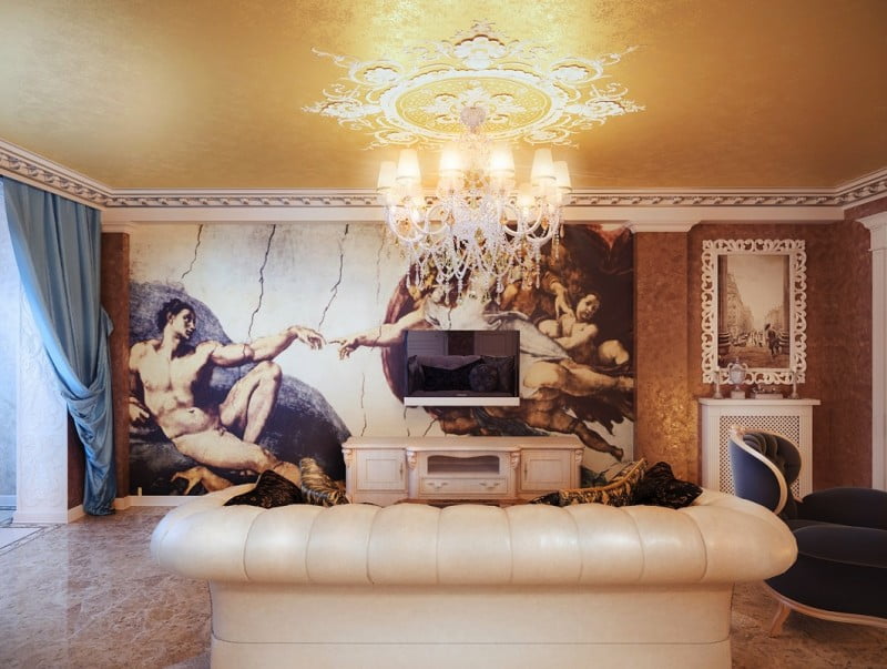 Classical-style-living-room-wall-mural-chandelier