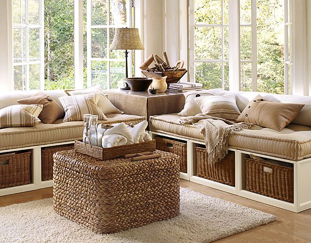 rustic-cottage-decor-style-cabin-wooden-living-room-rattan-basket-sofa-burlap-jute-chest-cushions-natural-fiber-earthy-look